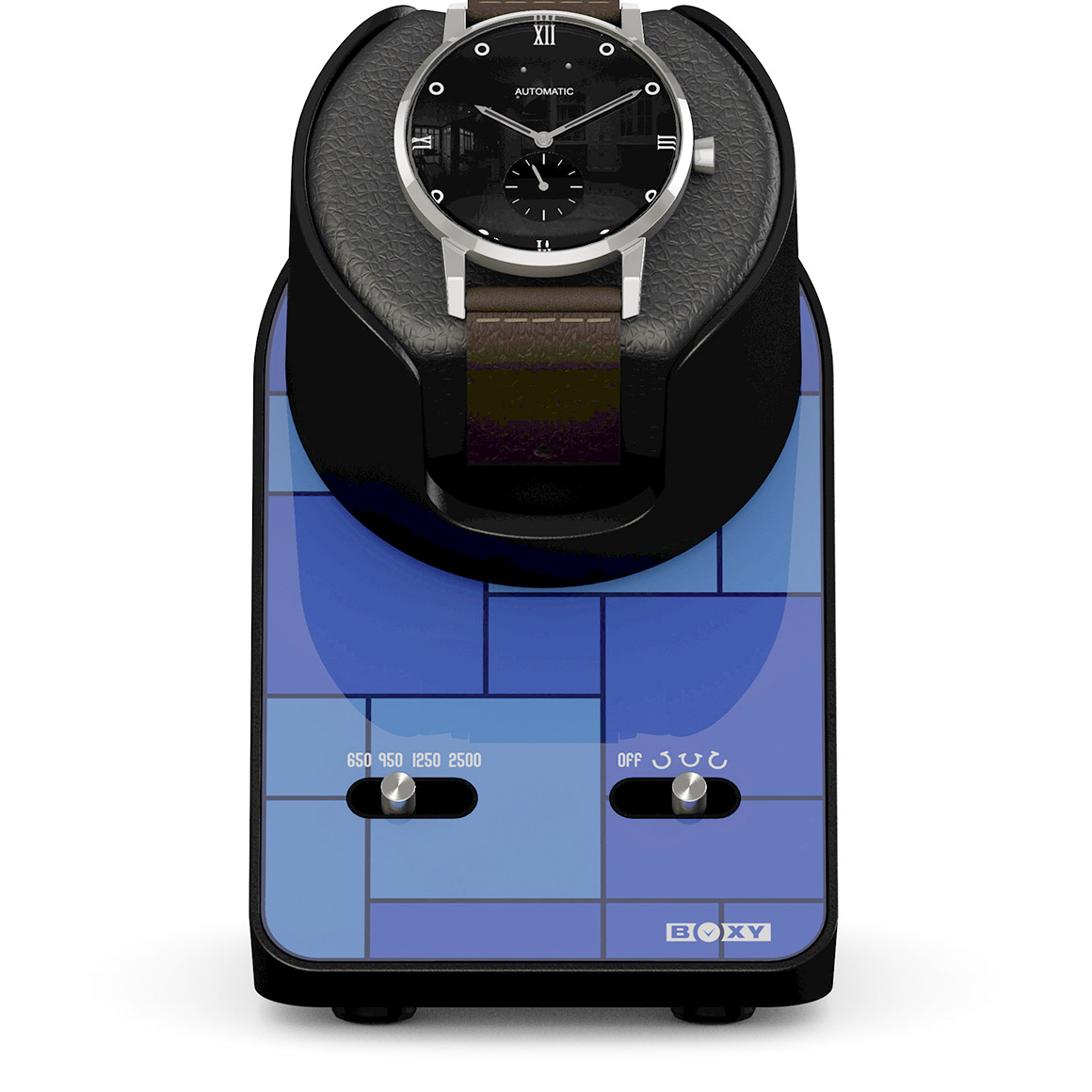 Boxy BLDC Nightstand, Uhrenbeweger für 1 Uhr, Graphic Blue, mit USB Ladekabel