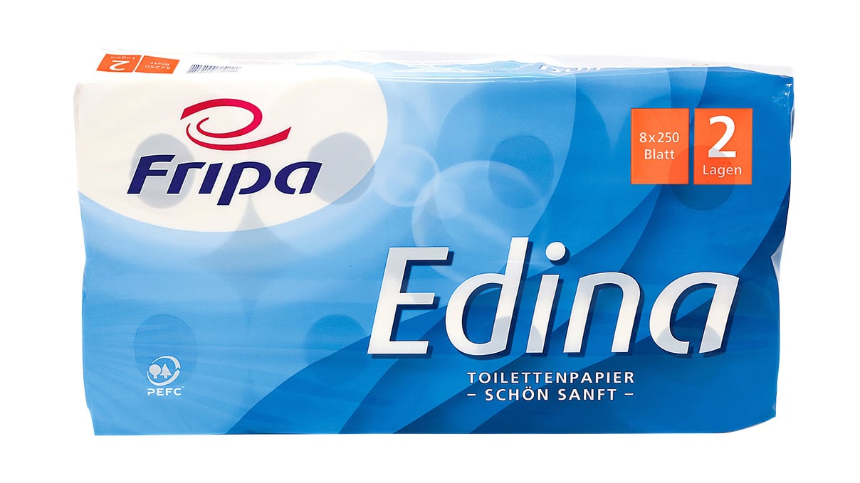 Fripa Edina Toilettenpapier, 8 Rollen, 2-lagig, aus 100% chlorfrei gebleichtem Zellstoff