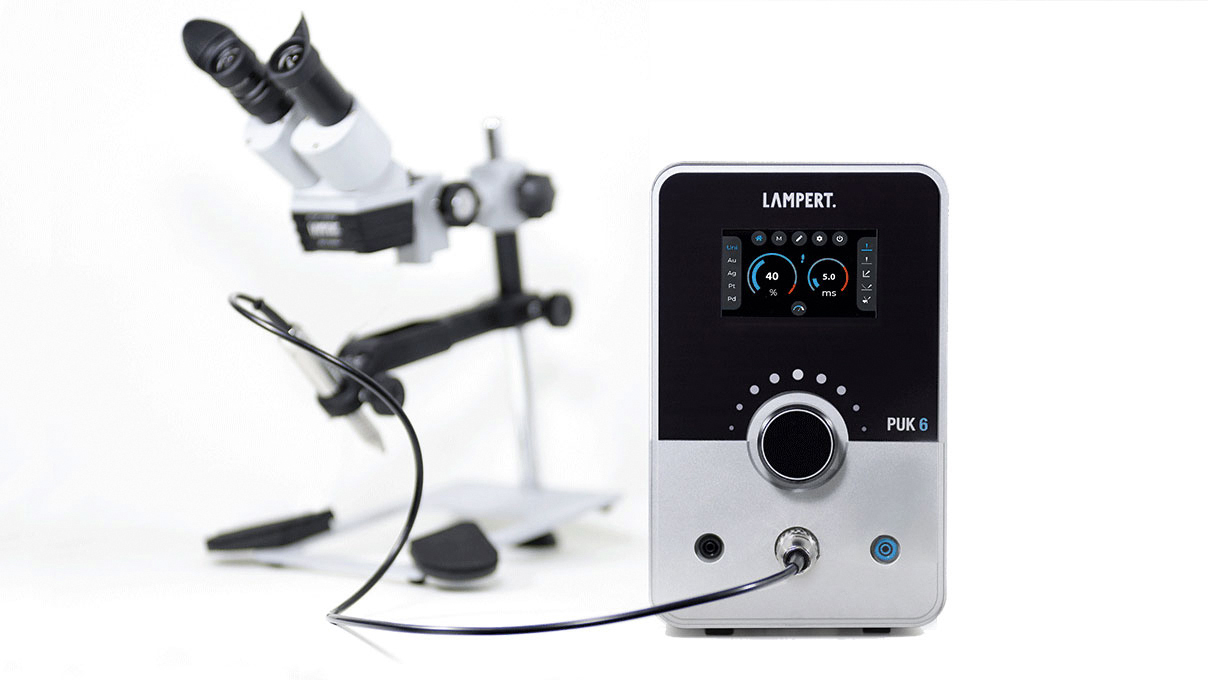 Lampert Punktschweißgerät PUK 6 mit Schweißmikroskop SM 6 und Handstück